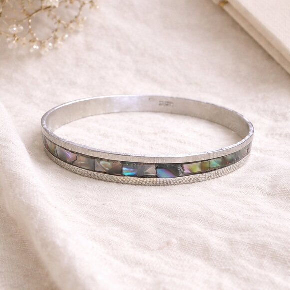 Mexico Jewelry - Abalone Shell Inlay Sterling Silver Round Bangle Bracelet Mexico Vintage